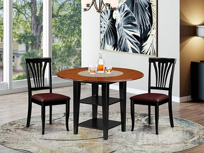 East West Furniture SUAV3-BCH-LC 3 Piece Dining Table Set Contains a Round Dining Room Table with Dropleaf & Shelves and 2 Faux Leather Upholstered Chairs, 42x42 Inch, Black & Cherry