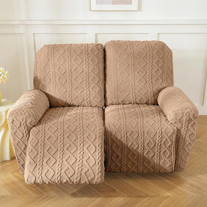 vctops 6 Pieces Geometric Jacquard Plush Recliner Loveseat Slipcovers Soft Fuzzy Fluffy Sofa Couch Cover Anti-Slip Furniture Protector with Elastic Bottom for Kids Cats Dogs(Brown,2 Seat)