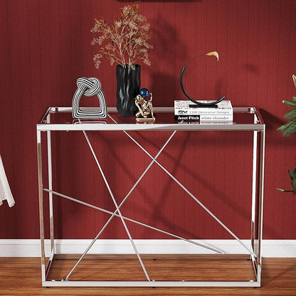 OIOG Glass Console Table for Entryway, Modern Sofa Table with Temperes Glass Tabletop and Chrome Frame, Silver Entryway Table for Living Room, Hallway, Dining Room, Home Office