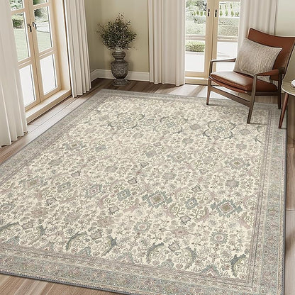 8X10 Area Rugs Machine Washable Rugs for Living Room, Vintage Boho Large Rugs for Bedroom Dining Room, Non Slip Indoor Soft Distressed Lightweight Thin Low Pile Carpet, Cream