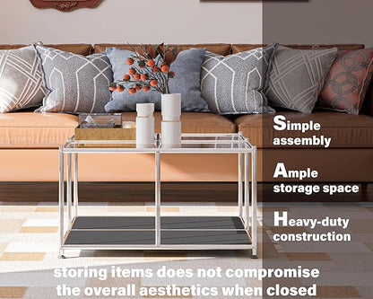 Matte Coffee Table with Open Storage, Square Tempered Glass Storage Rolling Coffee Table, Modern Design for Living Room, Meeting Room (Grey)