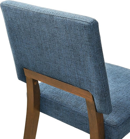 Armen Living Channell Mid Century Modern 6 Piece Walnut Wood Dining Table Set with Bench in Blue Fabric