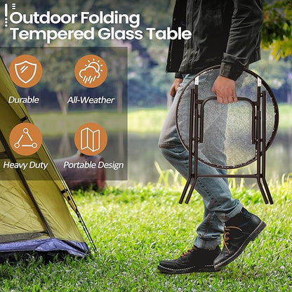 Foldable Patio Side Table Set of 2 with Tempered Glass Top 18" Folding Outdoor Side Tables Set of 2 Small Glass Patio End Tables for Porch Yard Balcony Deck Lawn Dining Garden (Brown)