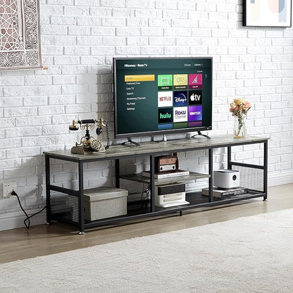 VECELO TV Stand with Power Outlets for Televisions up to 75Inch, 62" Media Entertainment Center with Charging Station 3-Tier Open Storage Shelves with Metal Frame for Living Room/Bedroom，Grey