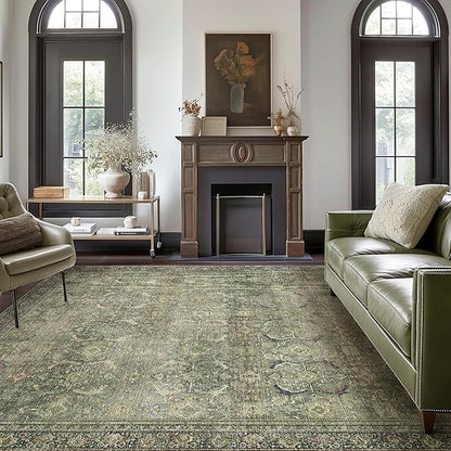 10X12 Area Rugs Machine Washable Rugs for Living Room, Vintage Boho Large Rugs for Bedroom Dining Room, Non Slip Indoor Soft Distressed Lightweight Thin Low Pile Carpet, Green