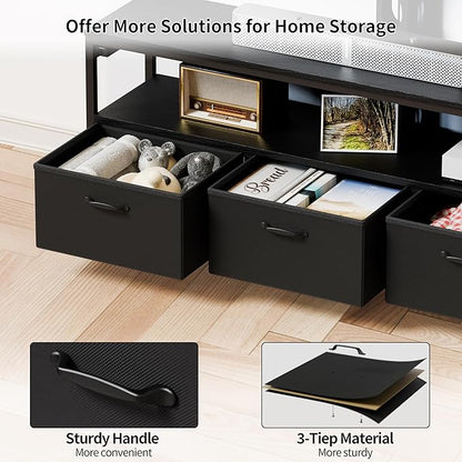 JUSTOGO TV Stand with Mount and Power Outlet, TV Stand Mount with Storage for Living Room, Entertainment Center with LED Lights for 45/55/60/65 inch, Height Adjustable Media Console, Black