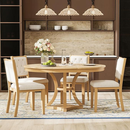 Ball & Cast Retro Dining Table Set for 4 with 4 Upholstered Chairs,5-Piece Wooden Living Room Furniture W/ 42" Round Extendable Kitchen Desk,for Small Space,Apartment,Dining Room,Natural