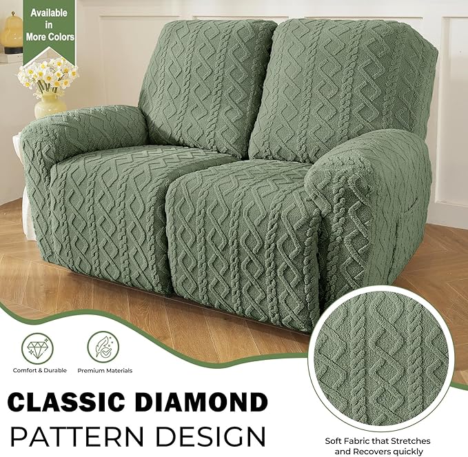 vctops 6 Pieces Geometric Jacquard Plush Recliner Loveseat Slipcovers Soft Fuzzy Fluffy Sofa Couch Cover Anti-Slip Furniture Protector with Elastic Bottom for Kids Cats Dogs(Green,2 Seat)