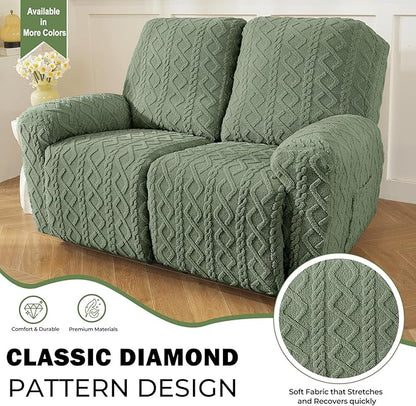 vctops 6 Pieces Geometric Jacquard Plush Recliner Loveseat Slipcovers Soft Fuzzy Fluffy Sofa Couch Cover Anti-Slip Furniture Protector with Elastic Bottom for Kids Cats Dogs(Green,2 Seat)