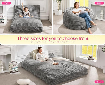 Hobestluk Bean Bag Chair Convertible Beanbag Chairs for Adults, 3 in 1 Bean Bags with Plush Chevron Cover, Adult Bean Bag Chair for Living Room, Bedroom (Grey, Queen)
