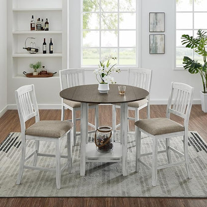 Ball & Cast 5 Pieces Dining Table Set with 4 Chairs and 42" Round Drop Leaf Dining Table,Kitchen Table and Chairs for 4 W/Trestle Table Base,for Small Space,Apartment,Dining Room,Brown White