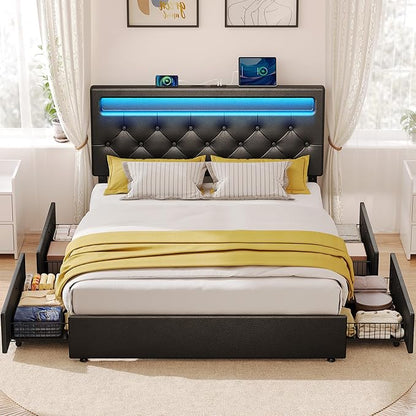 Rolanstar Full Size Bed Frame with 4 Storage Drawers and Charging Station, Full Bed with Led Lights, 2 USB & 1 Type C, Adjustable Headboard 38.9/40.8 Inches, No Box Spring Needed, Black