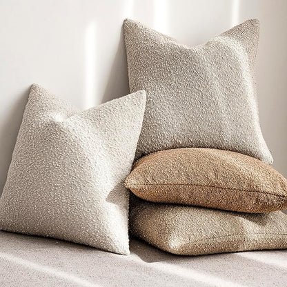 Foindtower Set of 2, Decorative Textured Boucle Throw Pillow Covers Accent Solid Pillow Cases Neutral Cozy Couch Cushion Case for Chair Sofa Bedroom Living Room Home Decor 26 x 26 Inch Ivory Beige