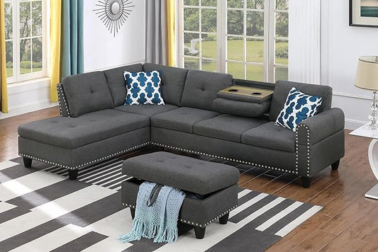 Evan Sectional Sofa or Couch with Ottoman for Living Room, Apartment, Bedroom, Office