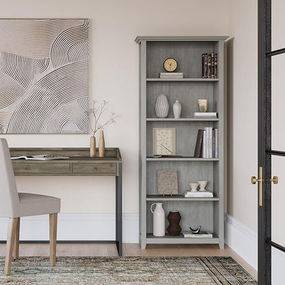 SIMPLIHOME Amherst Bookcase - 70 inch Tall 5-Shelf Solid Wood Bookshelf in Fog Grey, Transitional Storage for Living Room, Study Room or Office with Adjustable Shelves and Tapered Legs