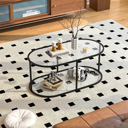 Coffee Table Black Glass Coffee Table for Living Room,2 Tiers Oval Center Table with Sturdy Metal Frame,Modern Tempered Glass Accent Table for Bedroom Home Office