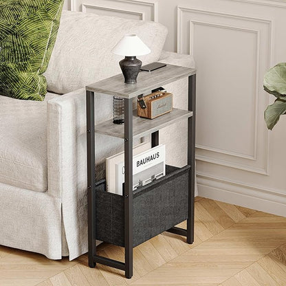Narrow Side Table, Slim End Table with Magazine Rack, Bedside Table for Small Spaces, 3 Tier Sofa Couch Table Nightstand for Living Room, Bedroom, Oak Grey LET503Q