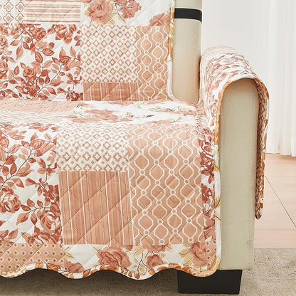 Great Bay Home Reversible Patchwork Sofa Cover - Washable Slipcover Furniture Protector with Elastic Straps - Couch Cover for Dogs, Kids, and Pets - Box-Stitched Detail (Sofa, Dusty Rose)