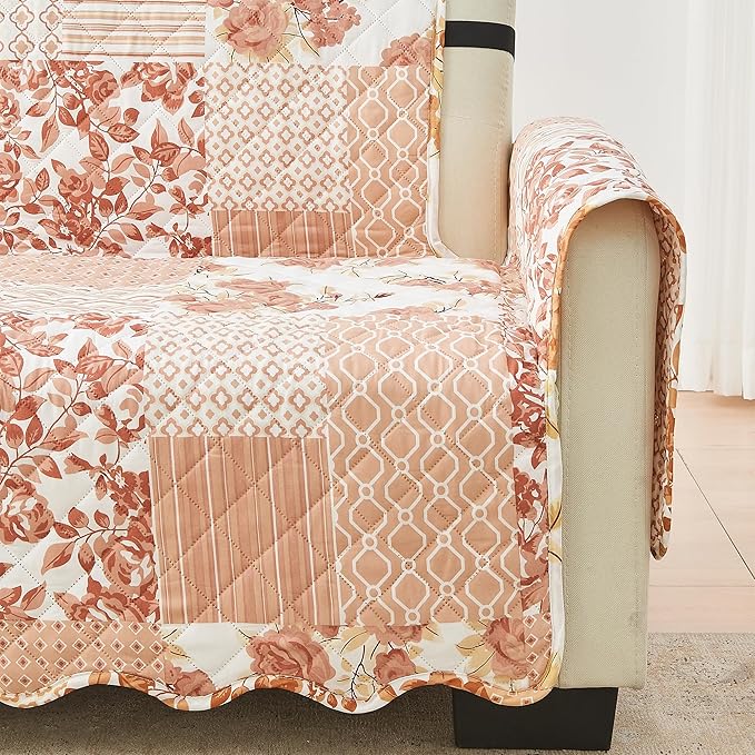 Great Bay Home Reversible Patchwork Loveseat Cover - Washable Slipcover Furniture Protector with Elastic Straps - Couch Cover for Dogs, Kids, and Pets - Box-Stitched Detail (Loveseat, Dusty Rose)