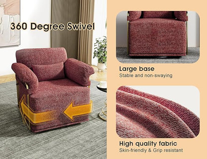KEIKI Modern Comfy Swivel Accent Reading Chair with Waist Pillows, 360°Square Upholstered Barrel Armchair Single Club Lounge Sofa Chairs for Living Room,Bedroom,Office,DarkRed
