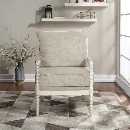 OSP Home Furnishings Kaylee Spindle Accent Chair with Antique White Wood Frame, Beige Linen Fabric