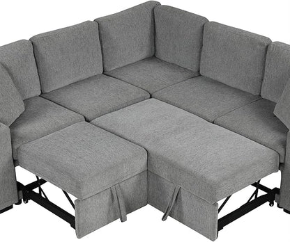 84.7" Symmetrical Convertible Sleeper Sectional Sofa Couch Bed for Living Room 4 Seater L Shaped Reversible Pull Out Sleeper Sofabed with Movable Ottoman ,2 Cup Holders ,USB Ports, Detachable Backrest
