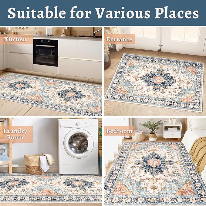 Tangsoo 4x6 Area Rug for Living Room, Washable Vintage Indoor, Distressed Blue/Beige Carpet for Bedroom, Non Slip Dining Room, Soft Low Pile Rugs Foldable for Dorm Bedside Bathroom