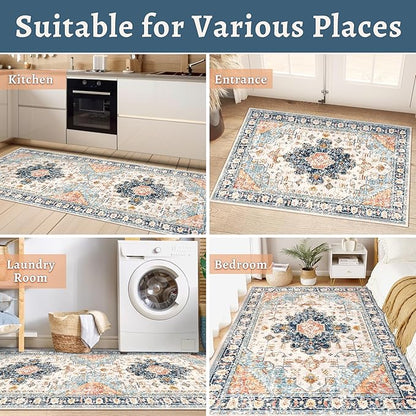 Tangsoo 2x6 Washable Runner Rug for Hallways, Non Slip Vintage Rugs, Soft Low Pile, Print Distressed Blue/Orange Carpet Runners for Kitchen Bedroom Entryway Bathroom Living Room