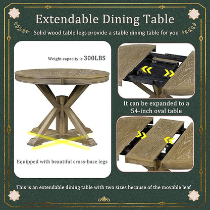 Need 42 Inch Round Dining Table Extendable to 54 Inch with 12" Leaf, Retro Expandable Kitchen Table for Dining Room & Living Room, Solid Wood (Natural Wood Wash)