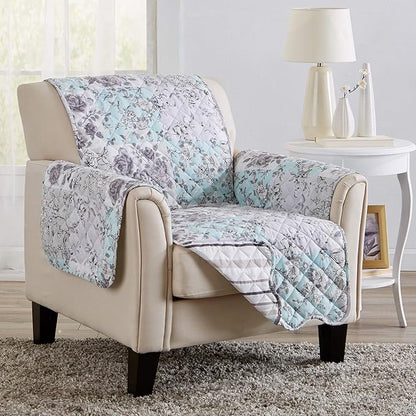 Reversible Floral Patchwork Furniture Protector Scalloped Edge Stain Resistant Printed Furniture Protector Maribel Collection (Chair, Gray/Aqua)