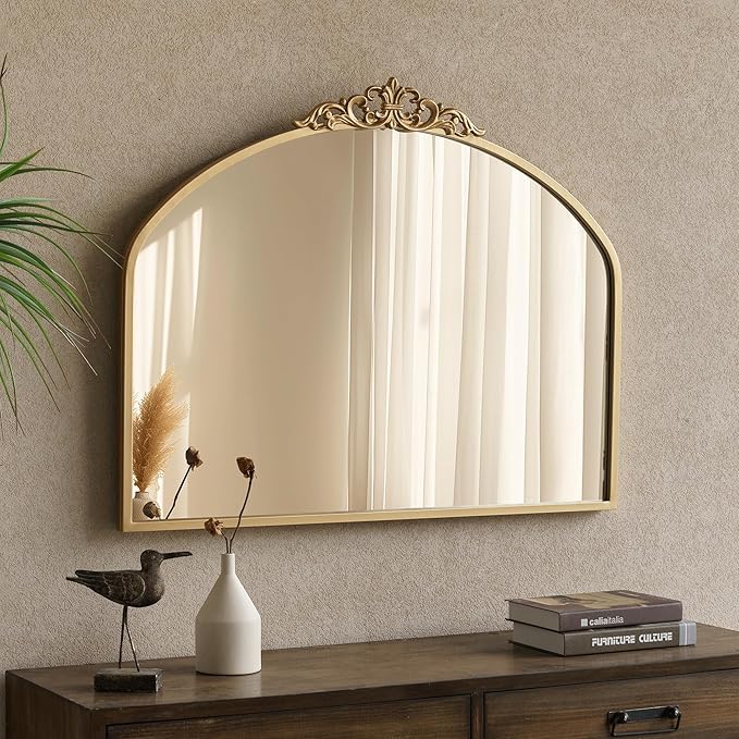 1 Set Vintage Mirror 36x29 Gold Antique Baroque Arched Ornate Traditional Brass Mirror and 8.5x12 Vintage Vanity Makeup Desk Table Mirror for Bathroom Entryway Living Room Hallway Fireplace