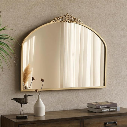 1 Set Vintage Mirror 36x29 Gold Antique Baroque Arched Ornate Traditional Brass Mirror and 8.5x12 Vintage Vanity Makeup Desk Table Mirror for Bathroom Entryway Living Room Hallway Fireplace