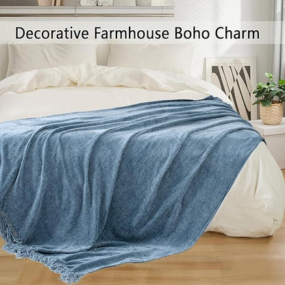 Chenille Throw Blanket for Couch 60"X 80" Twin, Soft Cozy Throws with Fringe Tassel for Bed Sofa Chair Cover, Lightweight Knitted Decorative Boho Blankets for Living Room, Dusty Blue