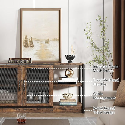 GarveeHome Farmhouse TV Stand for 65/75 inch TV, Entertainment Center with Storage Cabinet, Industrial TV Console Cabinet with Mesh Doors, 63" Rustic TV Media Console Table for Living Room, Vintage