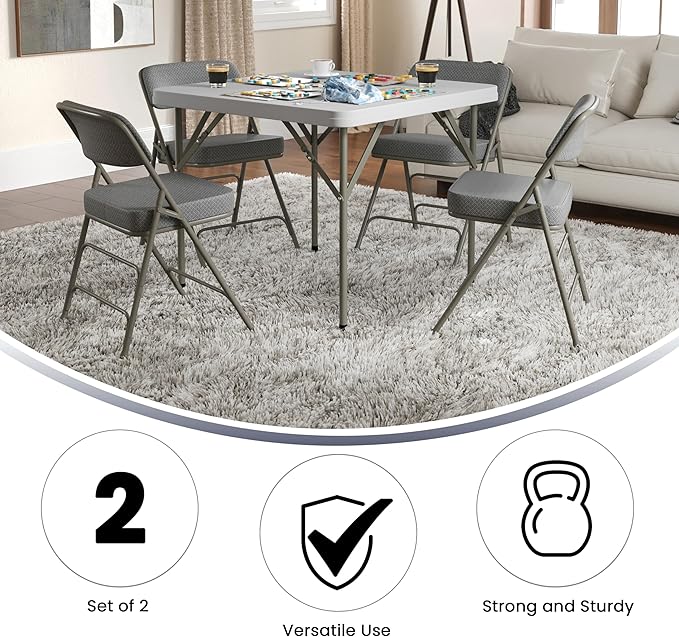 Flash Furniture Hercules Series Metal Folding Chairs with Cushioned Seats, Fabric Upholstered Event Chairs, Set of 2, Gray