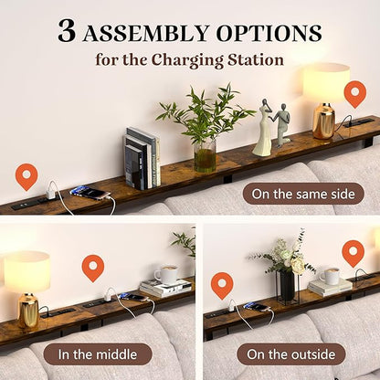 GRLEAF 63" Narrow Console Sofa Table with Built-in Power Strip (4 AC Outlets & 4 USB Ports) – 4.9ft Power Cord, Metal Frame, Easy Assembly, Ideal for Behind Couch, Hallway, and Office | Rustic Brown