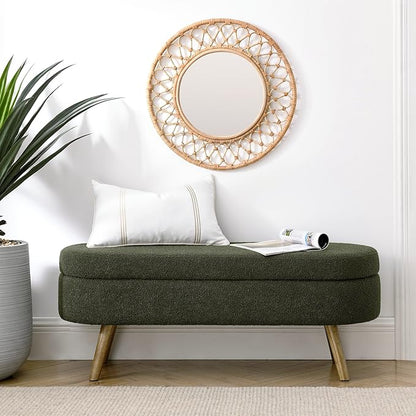 Oval Storage Bench 43.5" Linen Fabric Upholstered Entryway Bench with Solid Wood Legs Ottoman Bench Indoor Bench for Living Room/Bedroom/End of Bed/Entryway (Dark Green)