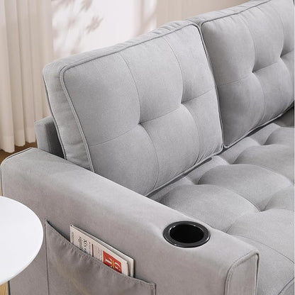 ERYE Modern Upholstered Loveseat Sofa Foldable Convertible Floor Sofabed W/Cupholders and Pockets, 3 Fold Tufted Futon Lounge Sofa with Pull Out Sleeper Couch Bed for Living Room Bedroom Studio