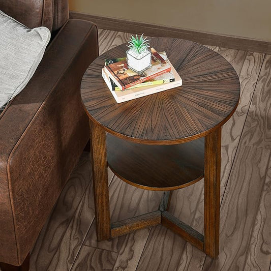 MODERION Round End Table, Rustic Side Table with Storage Shelf, Classic Circular Solid Wood Beside Table, 2-Tier Telephone Table, Nightstand, 24”H x 19.3”D for Living Room Vintage Brown BZ3338NC