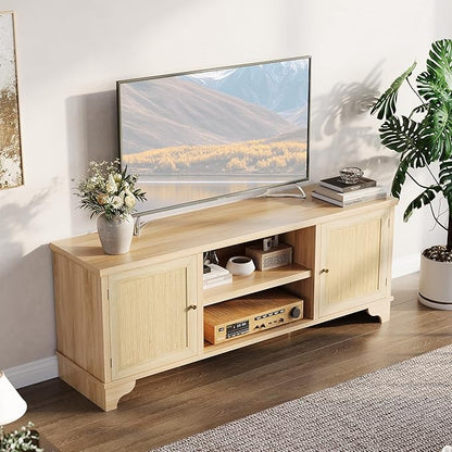 GarveeHome Rattan TV Stand for Living Room, Boho Entertainment Center for 55, 65, 70 Inch TV, Wooden Console Cabinet with Storage and Shelf, Natural Oak