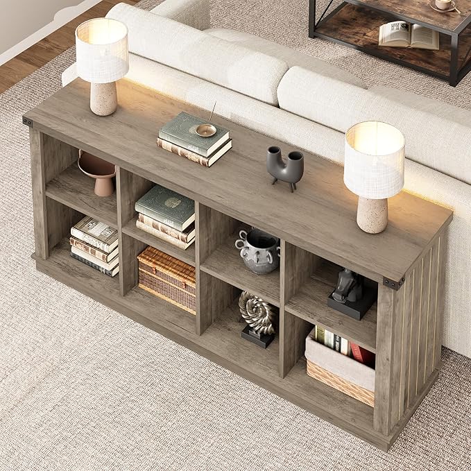 GarveeHome 8 Cube Storage Organizer Bookshelf, Farmhouse Horizontal Bookcase, 62 Inch Wood Storage Bookcase for Entryway, Long Low Bookshelves for Living Room (Grey, 8 Cube)