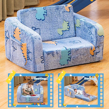 Lamerge 2-in-1 Soft Toddler Couch Fold Out,Foldable Toddler Chair, Glow in The Dark Kids Sofa for playroom,Convertible Foam and Floor Cushion for Boys and Girls (Blue and Dinosaur)