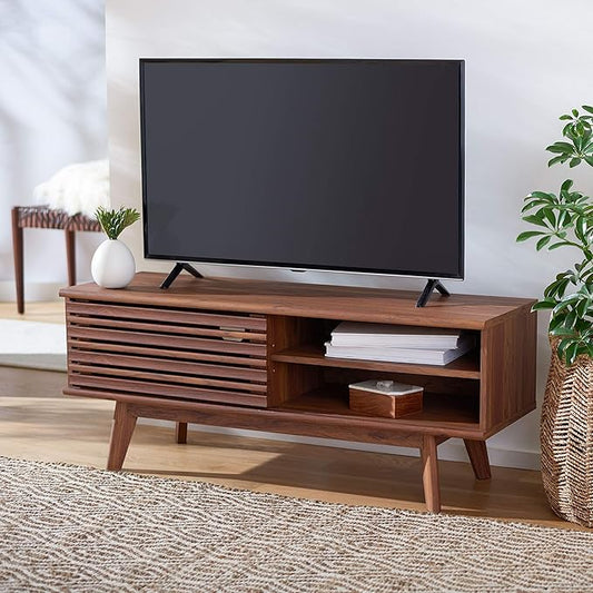 SAFAVIEH Aurelio TV Stand for up to 55" Flatscreen – Walnut Brown, 1 Sliding Door with Interior Storage and Open Shelves, Entertainment Media Console (MED9600A)
