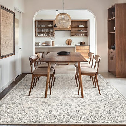 GENIMO 10x14 Area Rugs for Living Room, Machine Washable Non Slip Vintage Rugs, Low Pile Lightweight Chenille Print Rug for Bedroom, Dining Room, Home Office, Beige Line