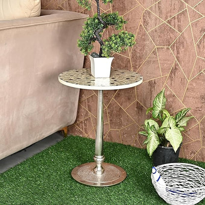 CLEENTABLE Mosaic Round End Table - Top End Tables for Living Room & Bedroom - Modern Side Table with Durable Enamel Top & Metal Legs - Lightweight Accent Table for Sofa, Bed (Ivory Silver)