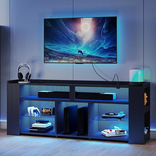 IRONCK Entertainment Center with Storage, 55 Inch Tall TV Stand W/Power Outlet, LED Gaming TV Cabinet for PS4, Black TV Stand with Carbon Fiber