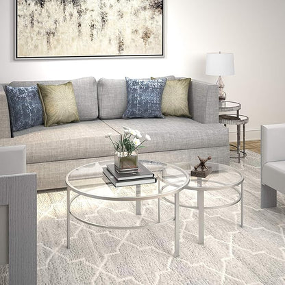 Henn&Hart Round Nested Coffee Table in Satin Nickel, Modern coffee tables for living room, studio apartment essentials, 36" Wide