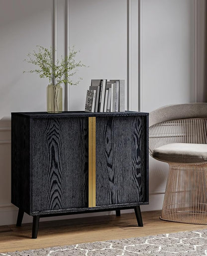 Sango Cortland 2-Door Accent Cabinet, Sleek Black Storage Cabinet with Brass Handles, Adjustable Shelf, Minimalist Mid-Century Modern Design, Stylish & Functional Furniture for Living or Dining Room