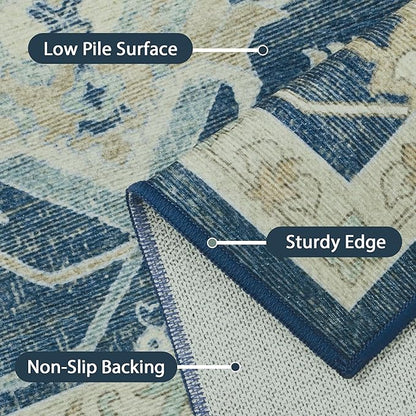 8X10 Area Rugs Machine Washable Runner Rugs for Living Room Bedroom Hallway, Non Slip Indoor Soft Accent Distressed Boho Vintage Print Lightweight Thin Low Pile Carpet, Navy