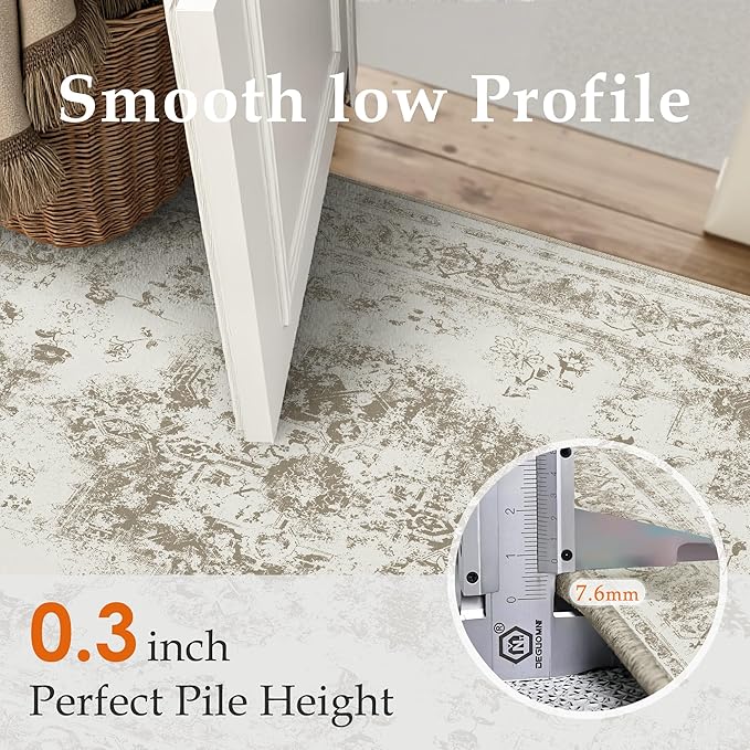 5x7 Washable Area Rug Brown Neutral Carpet for Living Room Bedroom Distressed Vintage Low Pile Soft Non-Slip Lightweight Vacuumable Throw Rug for Dining Room Office Kitchen Dorm